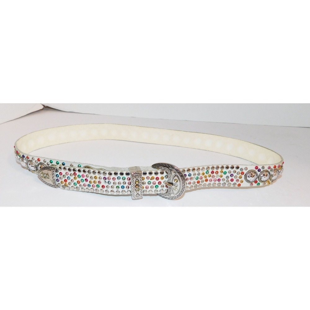 Vintage‎ Lily Farouche Jeweled Studded White Leather Belt Silver Buckle sz M